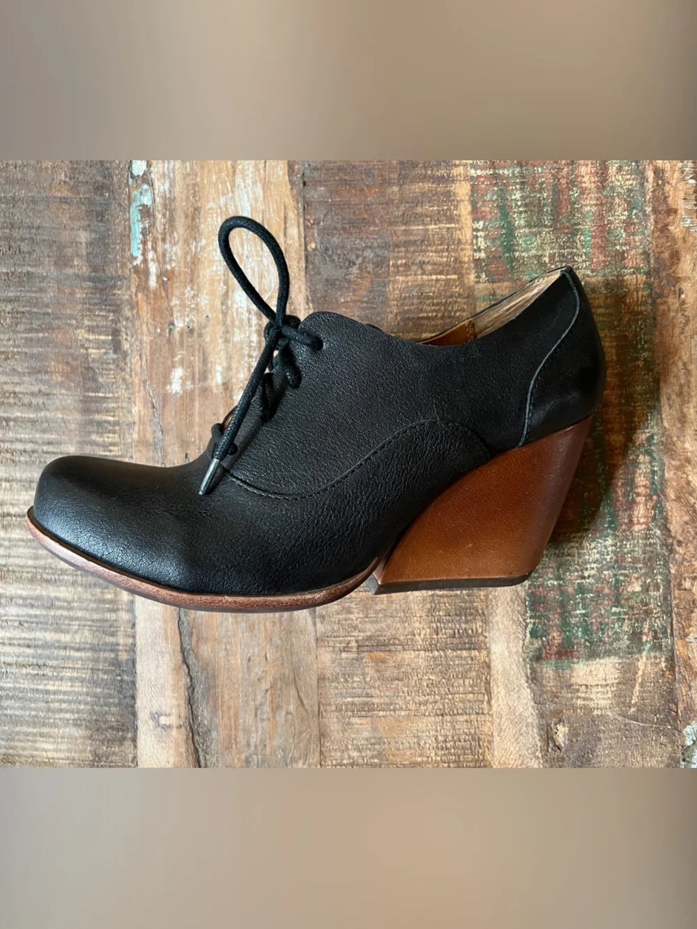 Kork-Ease Black Leather Wedge Oxford Heels